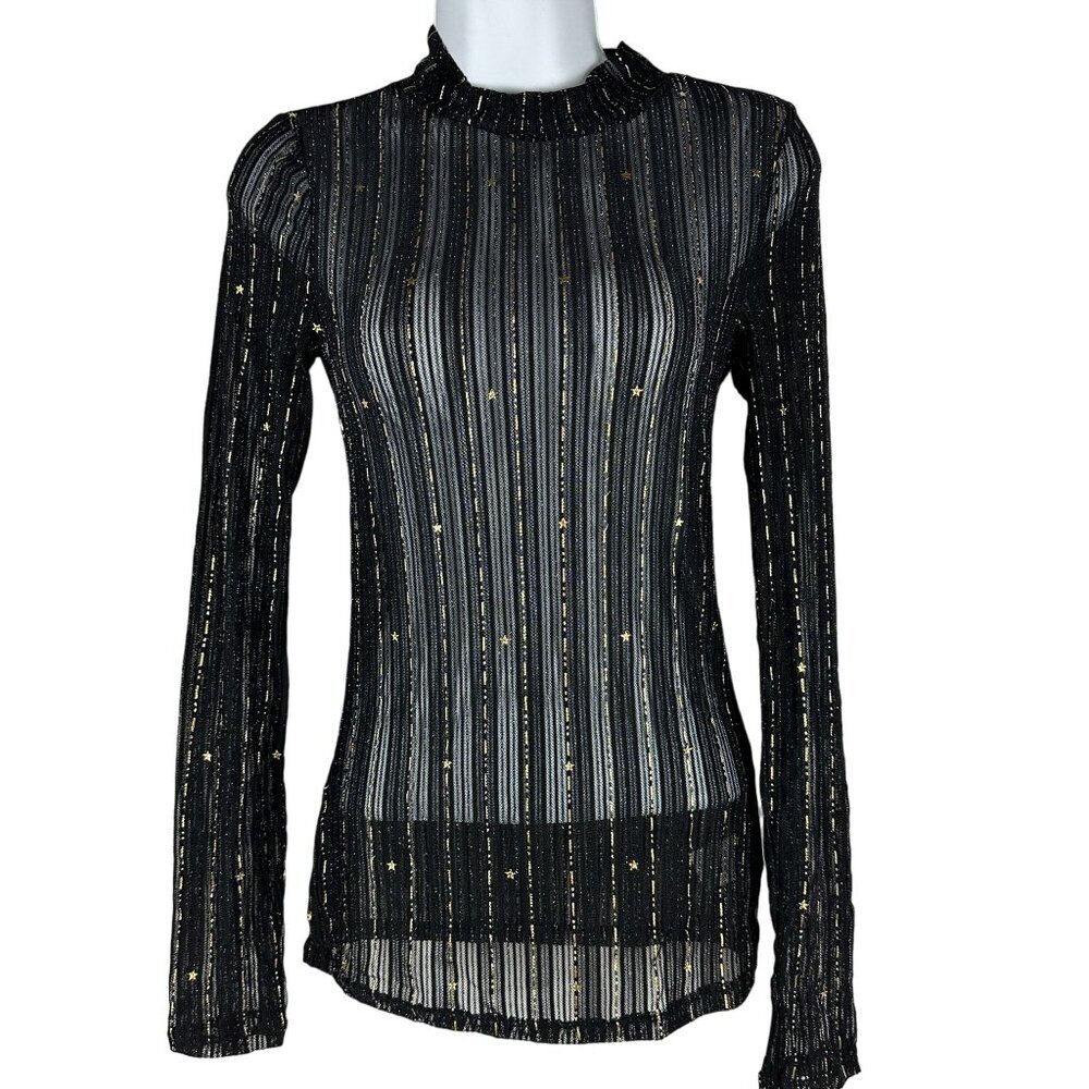 Blue B Black & Gold Sheer Long Sleeve Top Size S Stylish Design Star Accents